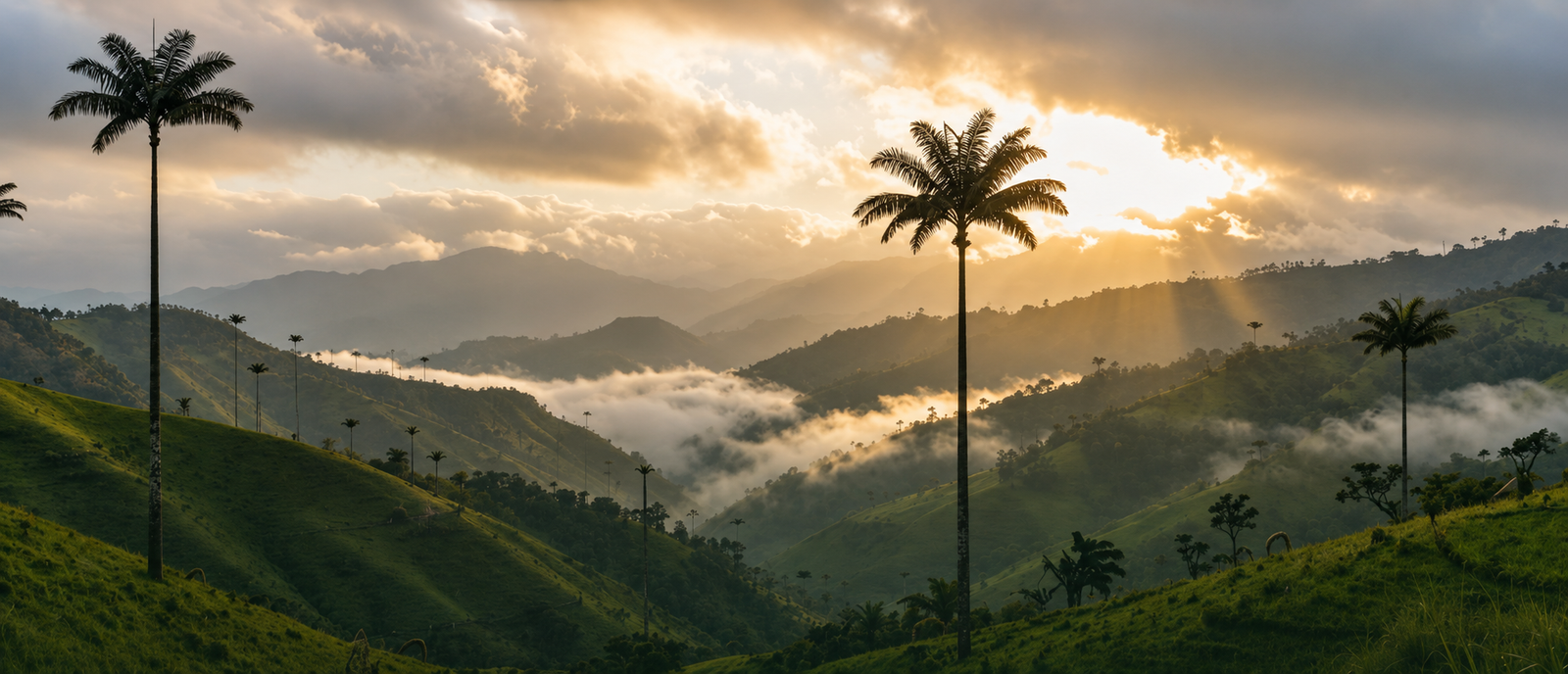 Paisaje del Valle del Cocora con palmas de cera altas, caminantes y montañas de los Andes colombianos.